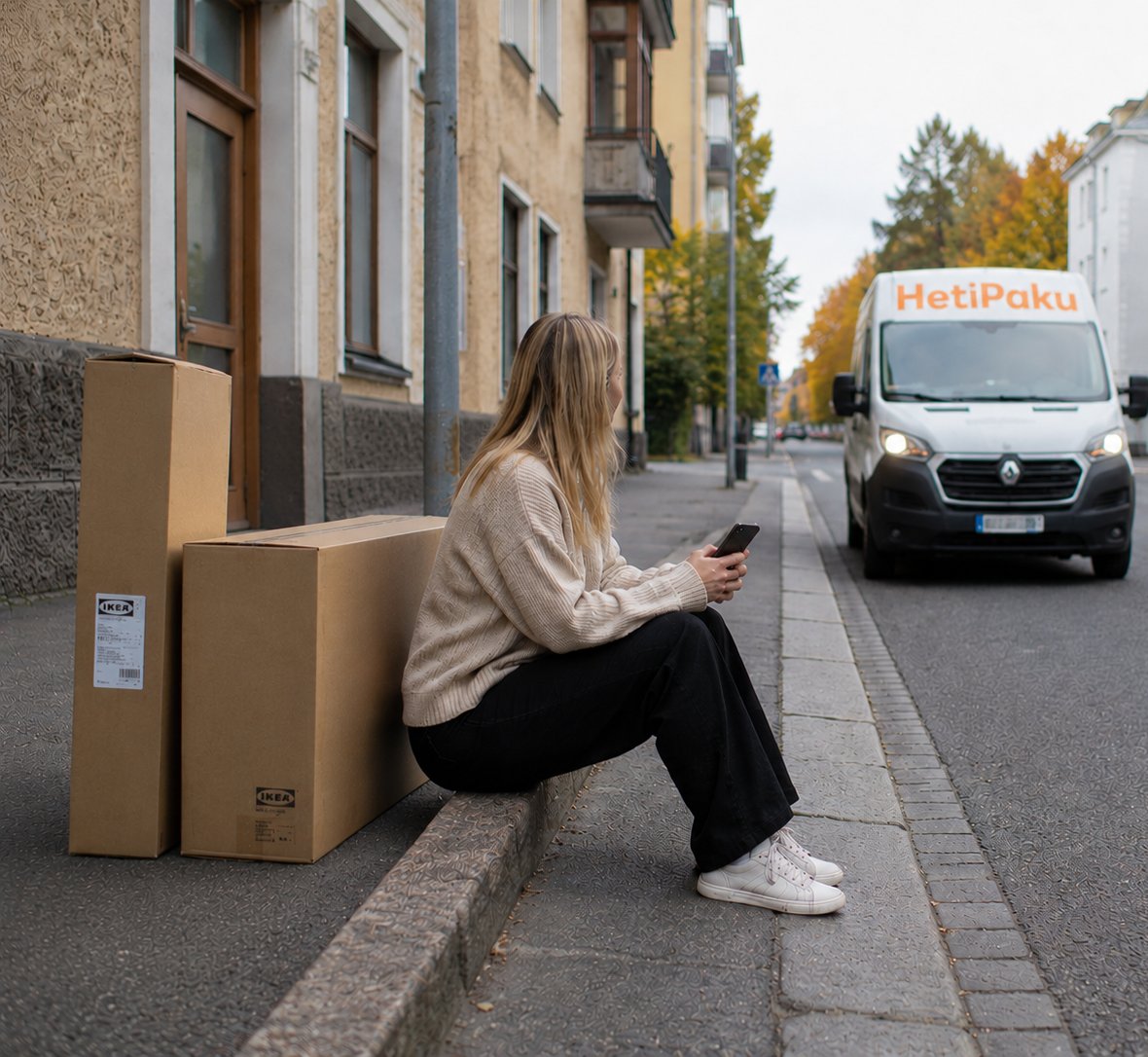 Asiakas odottaa laatikoiden kanssa jalkakäytävällä, kun HetiPaku-pakettiauto saapuu.
